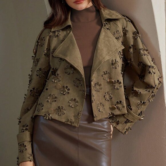 Khaki Casual Women's Collar 3d Laser Floral Embossed Jacket Coat - Picture 7 of 8